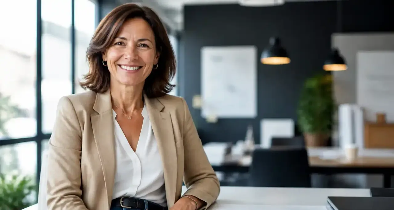 Portrait d'une femme épanouie après une reconversion professionnelle réussie