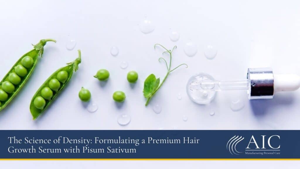 Peas and a dropper for natural hair serum formulation on a white background.
