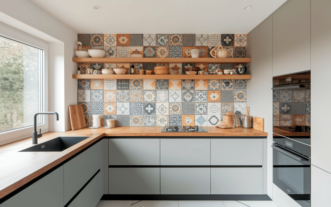 Cuisine moderne avec ancien carreaux de ciment multicolores