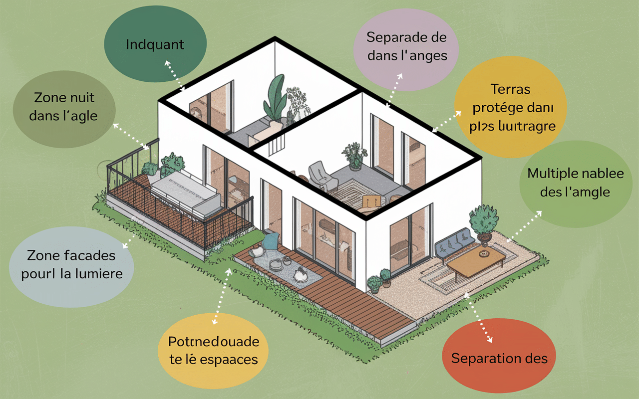 schema maison en l vue du dessus separation espaces