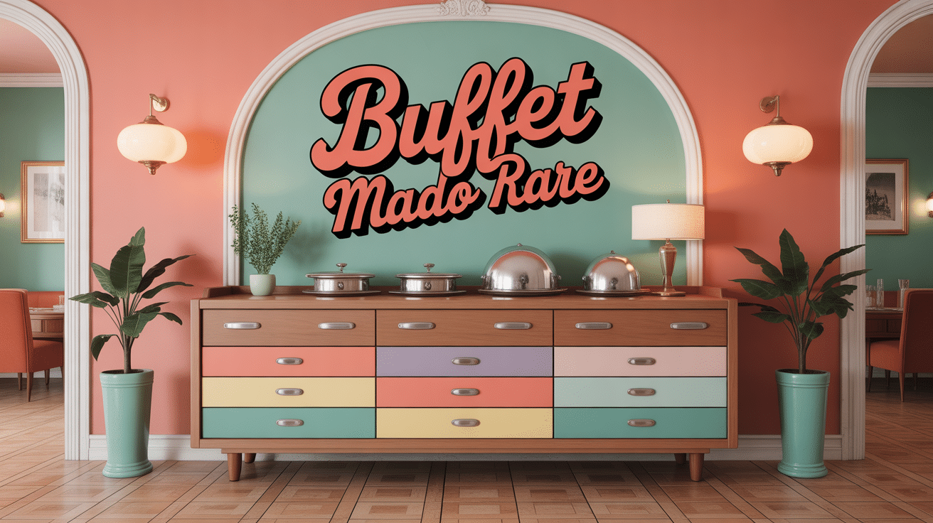 Buffet Mado rare vintage avec façade pastel et poignées chromées