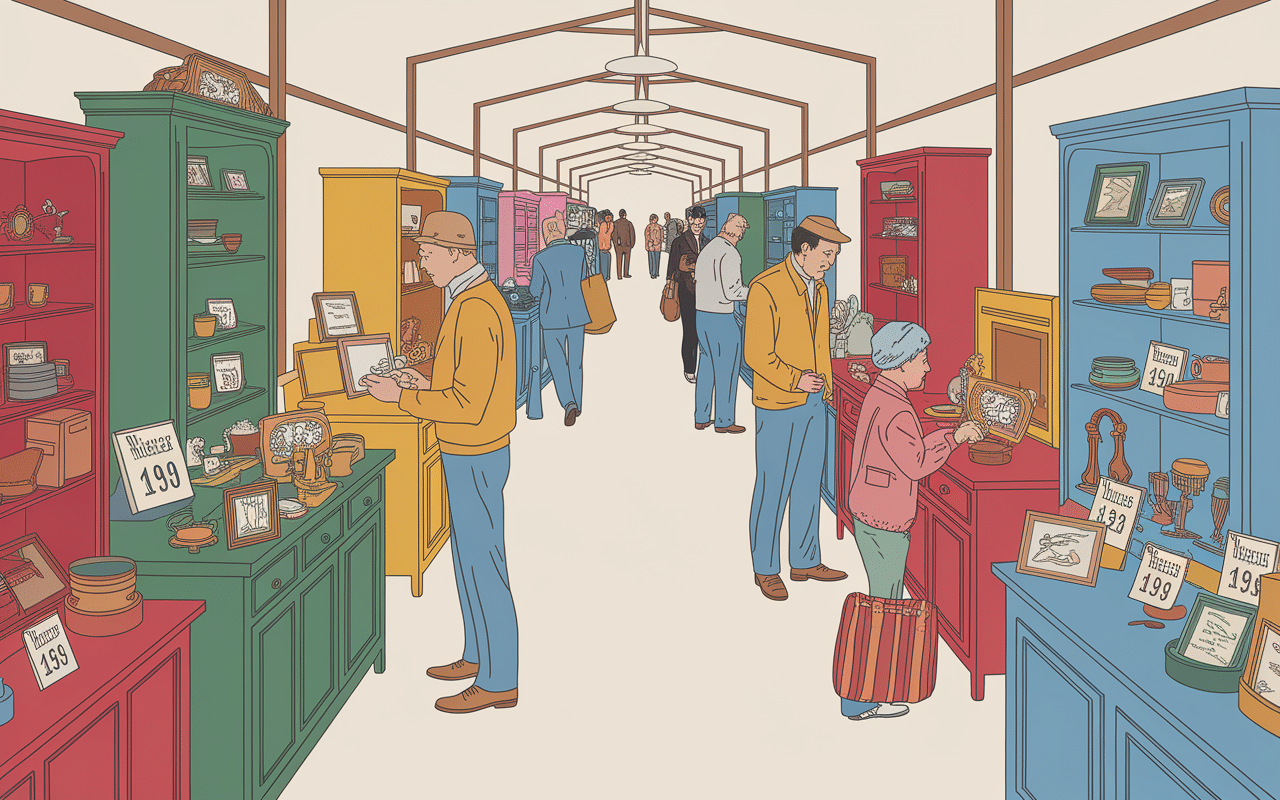 Buffet Mado rare à la brocante avec collectionneurs