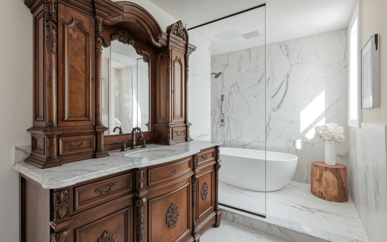 buffet transformé en meuble de salle de bain bois ancien