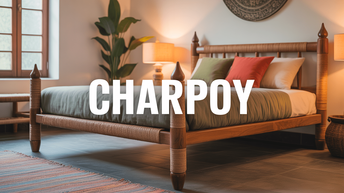 charpoy artisanal indien avec cordes tressées et coussins colorés