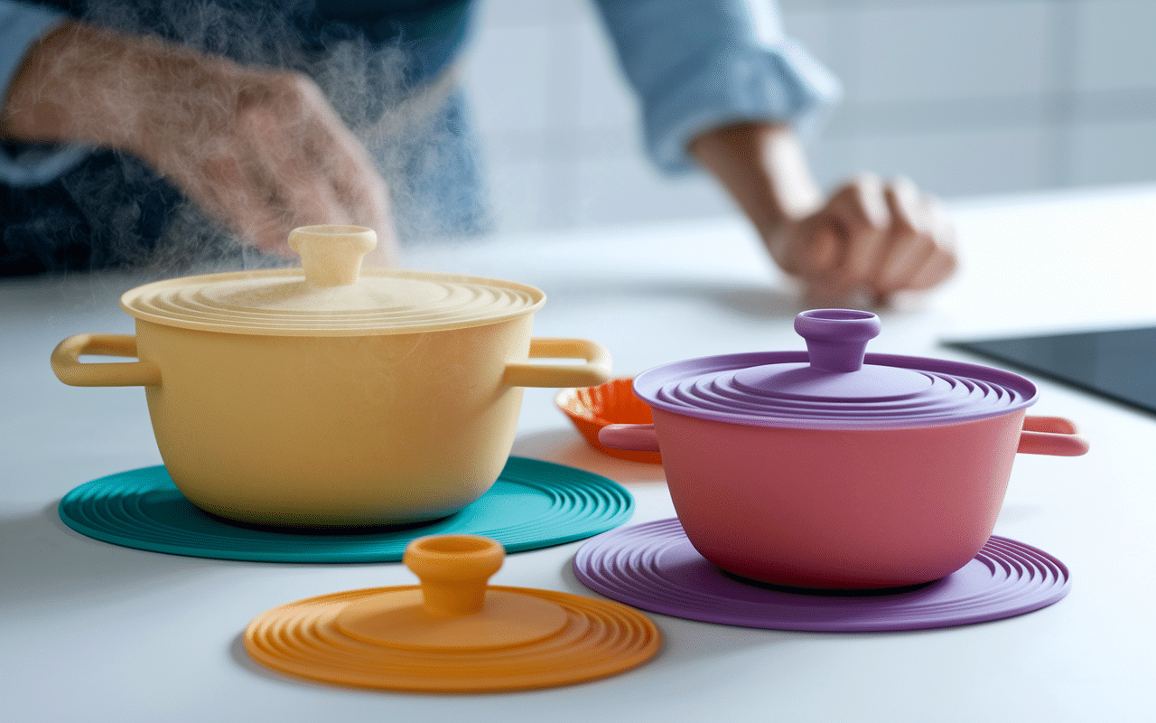 Couvercle en silicone sur bols vapeur s'échappant