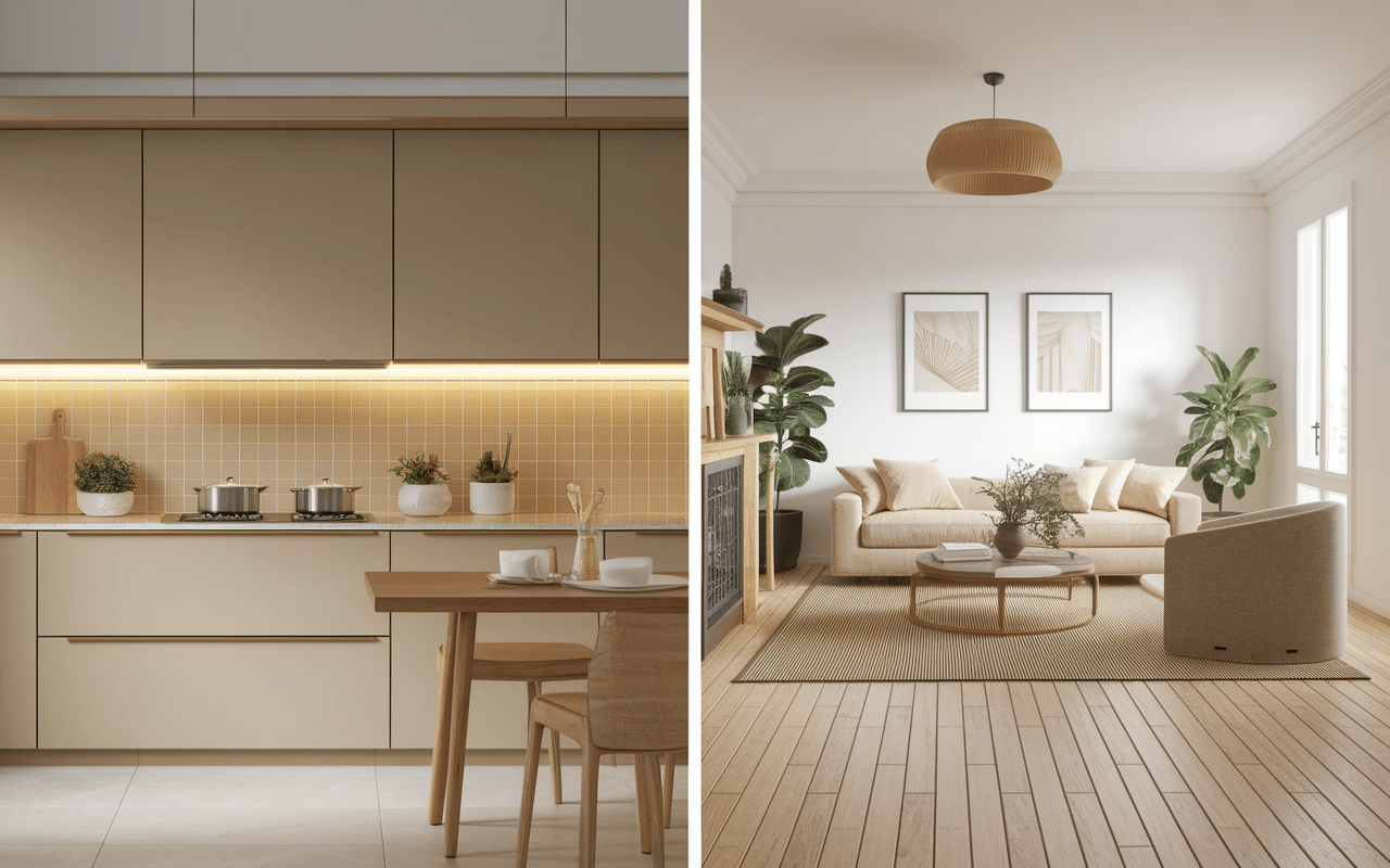 Cuisine carrelage salon parquet espace