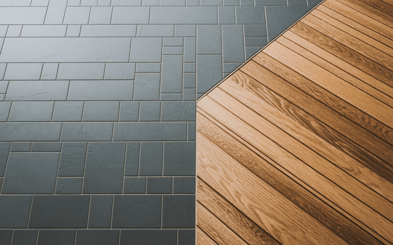 Cuisine carrelage salon parquet jonction