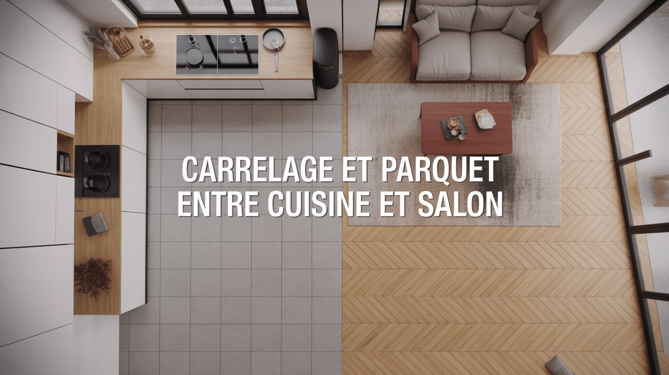 Vue cuisine carrelage salon parquet moderne