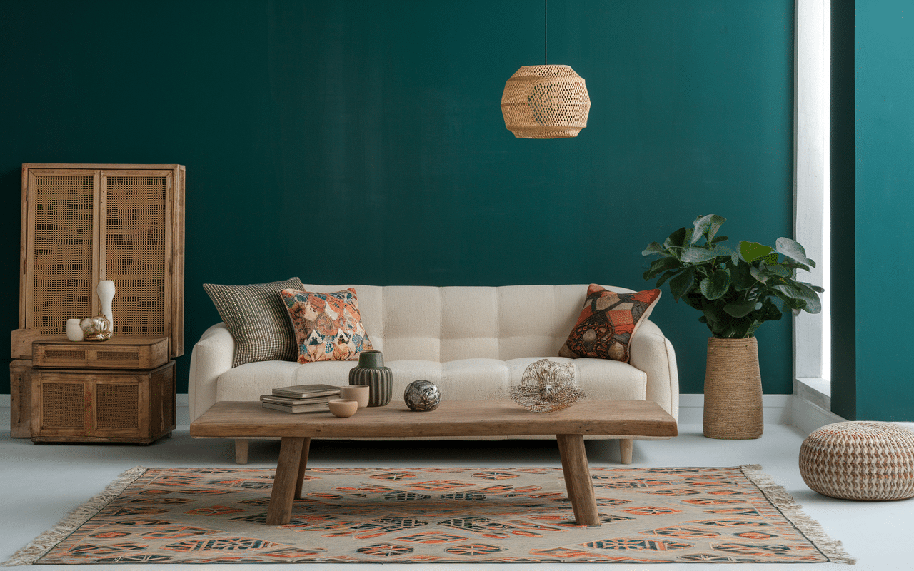 Déco indie home avec mix matières, table bois brut, objets handmade