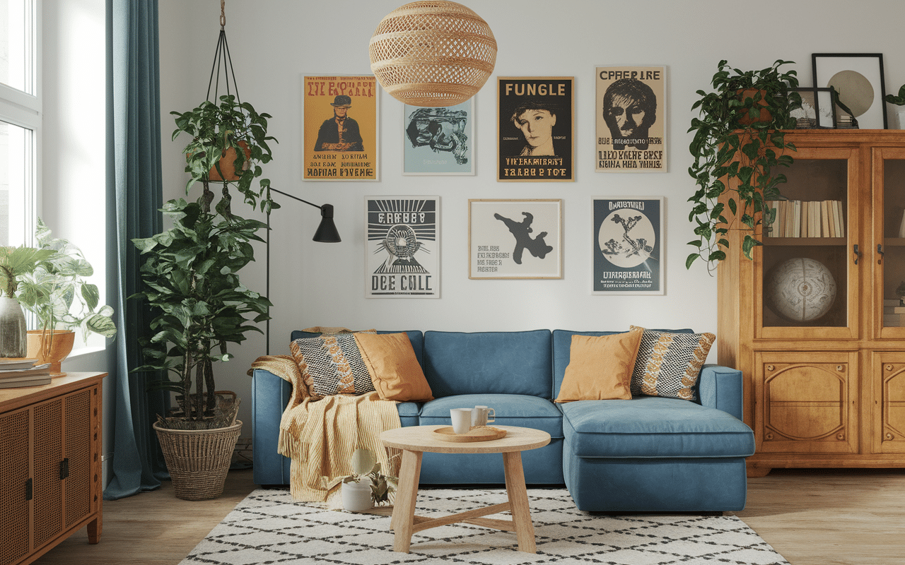 Intérieur indie home avec meubles dépareillés, vinyles, affiches