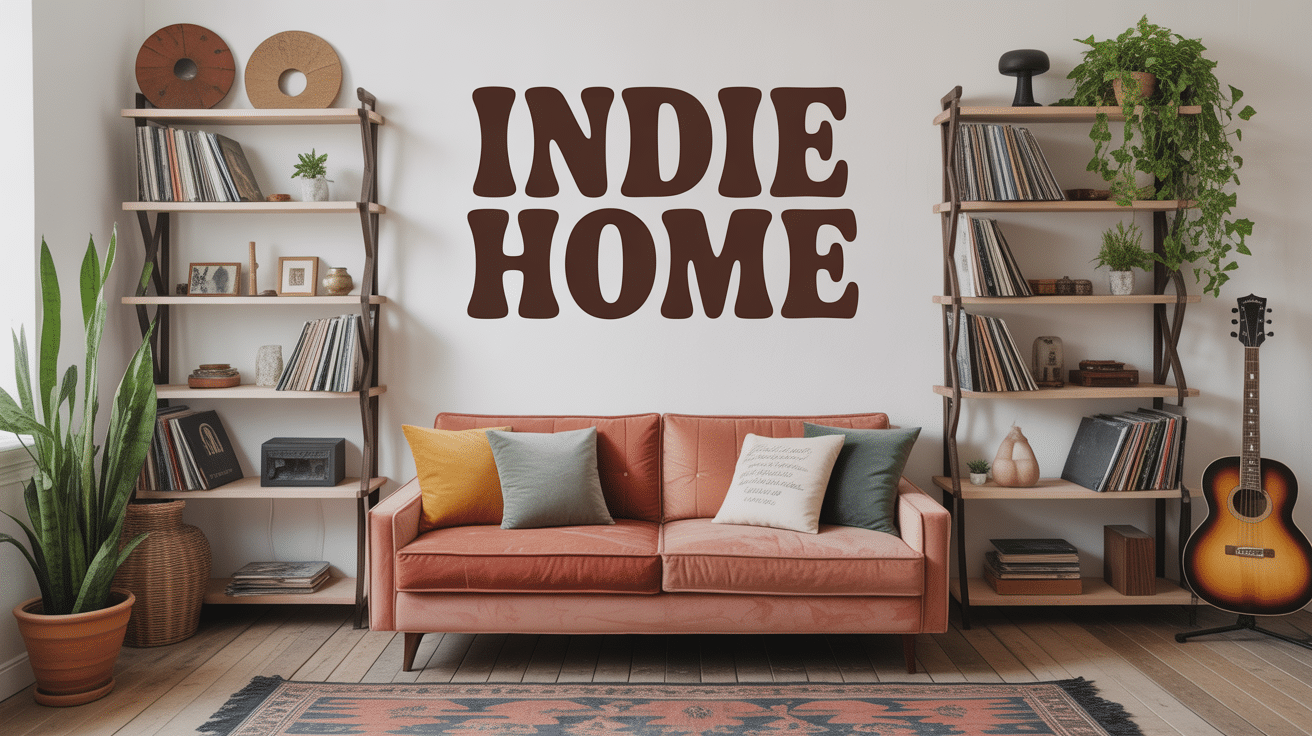 Salon indie home avec canapé vintage, vinyles, objets artisanaux