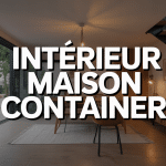 Interieur maison container moderne avec baie vitree et mobilier design