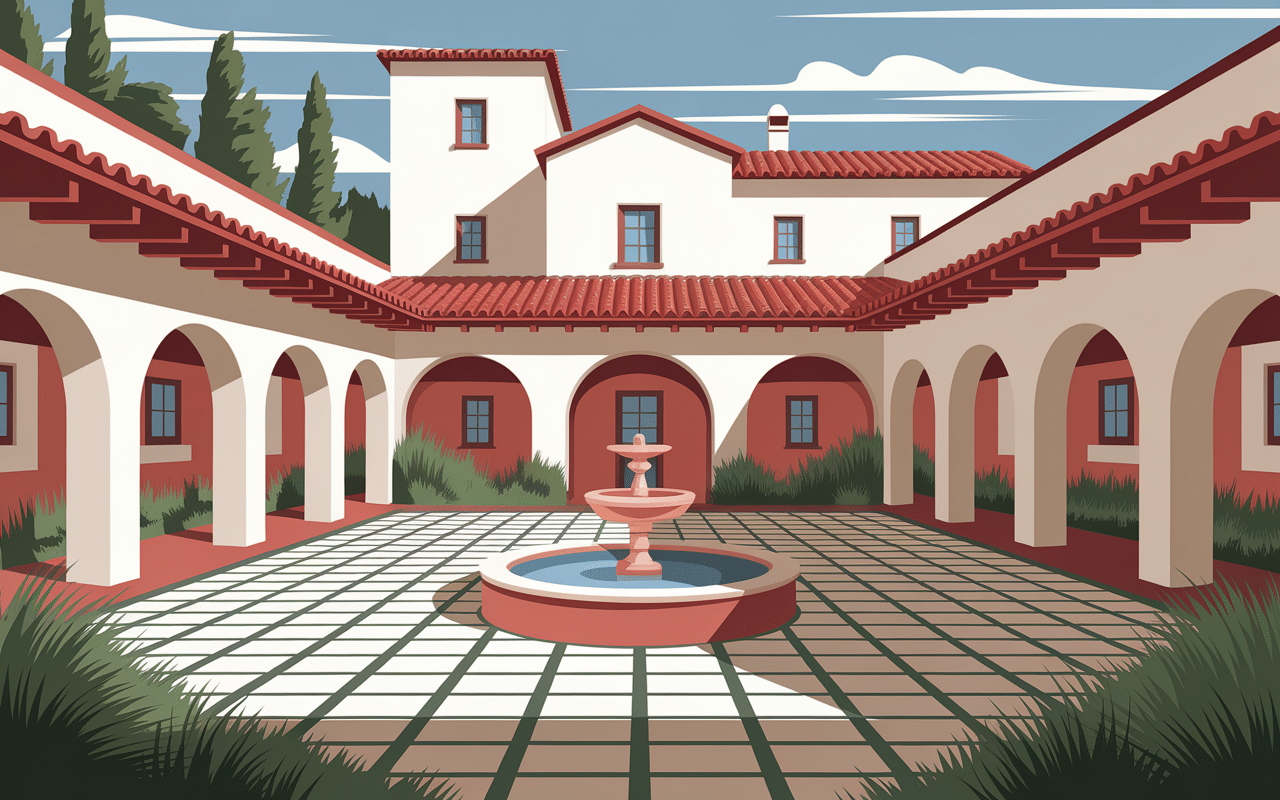 Architecture maison hacienda arches, tuiles, patio et végétation