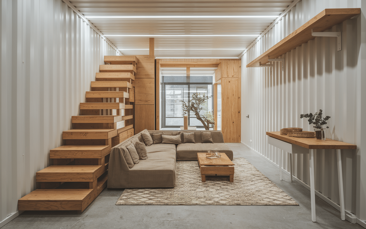 Espace interieur maison container optimise avec meubles modulables