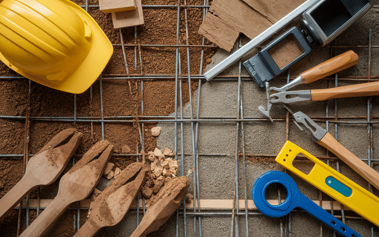 Preparation chantier amenagement terrasse beton coupe et outils