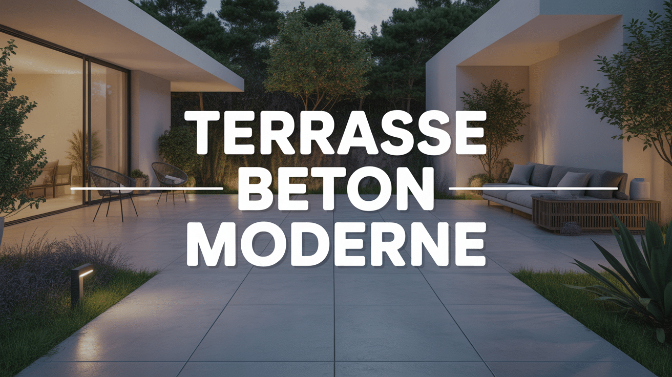 Terrasse beton moderne gris clair avec vegetation et mobilier