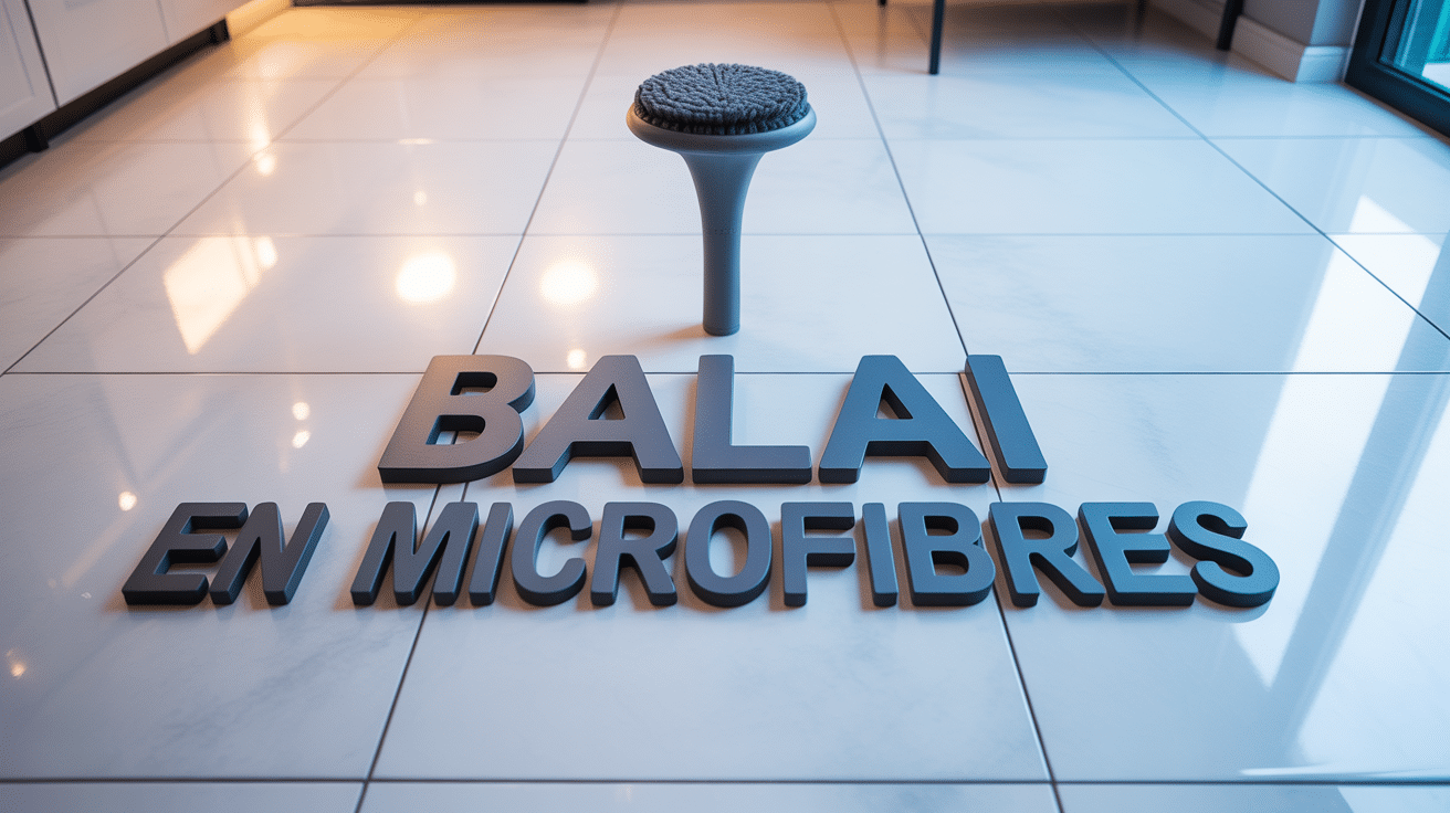 Balai en microfibres posé sur sol carrelé blanc