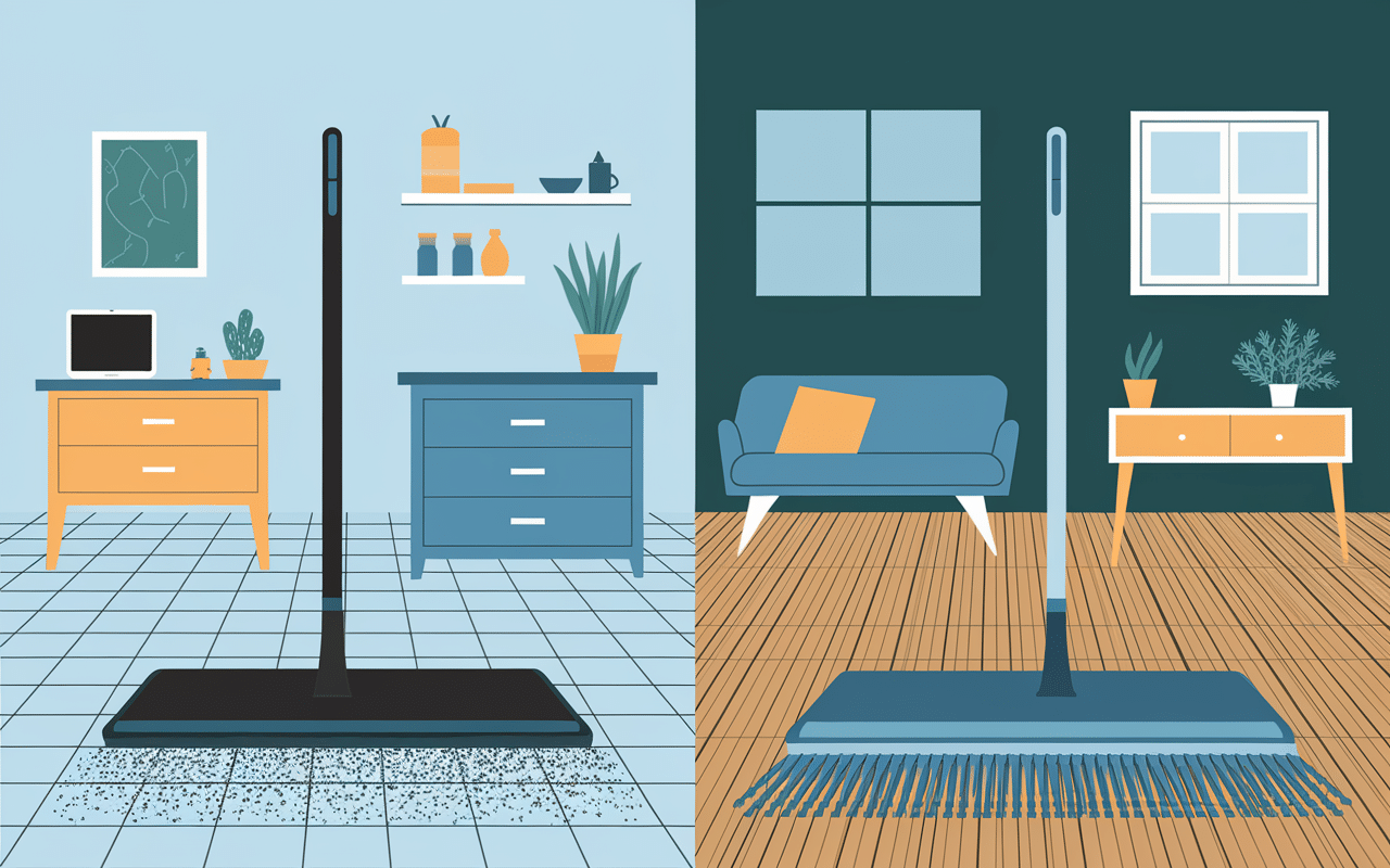 Comparaison balai professionnel microfibre et traditionnel sur différents sols