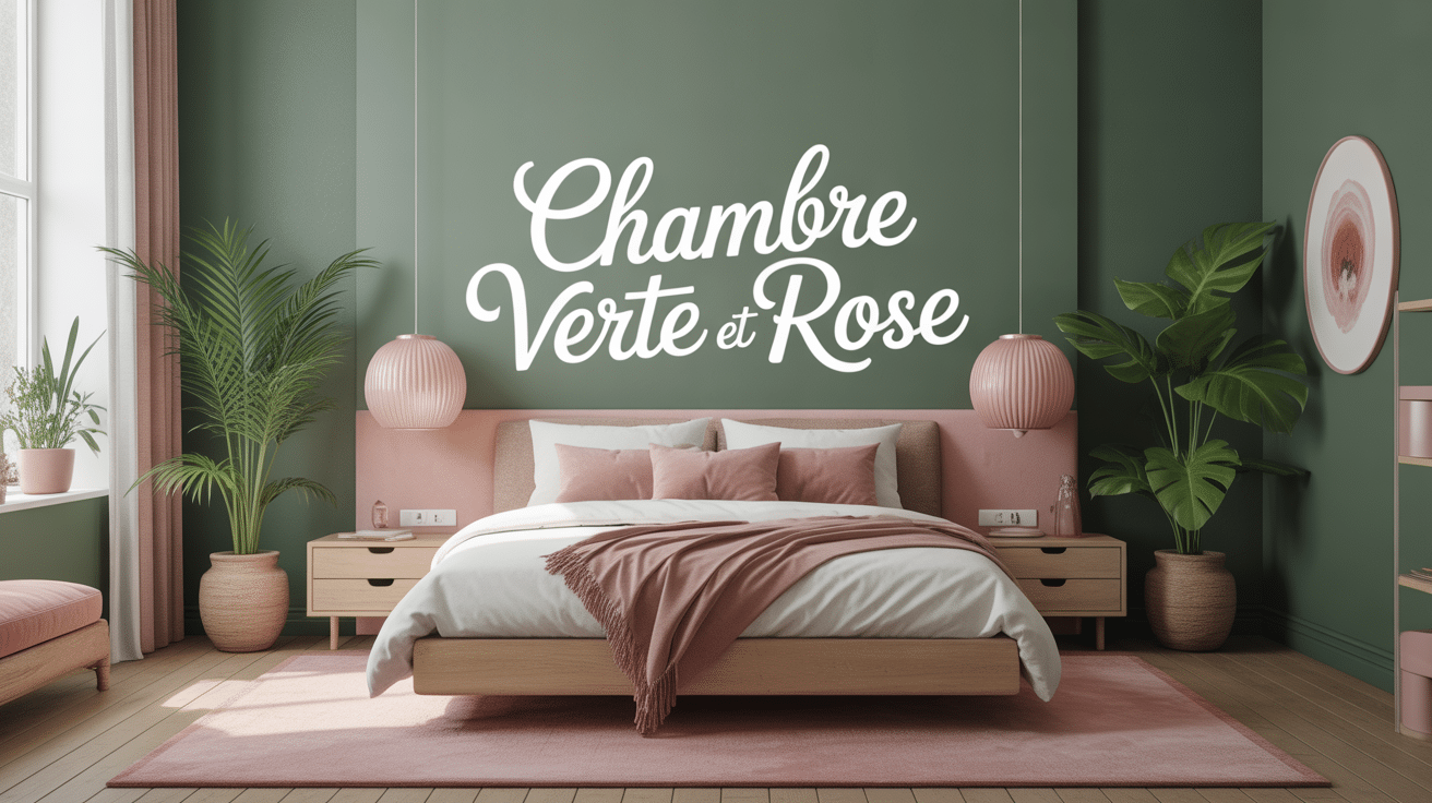 Chambre verte et rose moderne avec lit bois clair et décoration harmonieuse