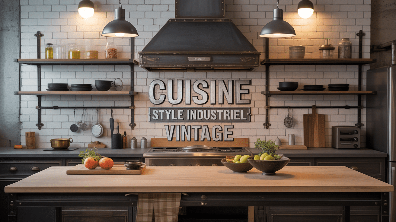 Cuisine style industriel vintage avec ilot bois metal et briques