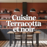 Cuisine terracotta et noir avec meubles noirs, murs terracotta et accessoires naturels