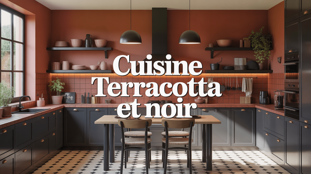 Cuisine terracotta et noir avec meubles noirs, murs terracotta et accessoires naturels