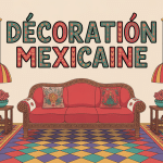 Salon deco mexicaine canapé coussins brodés et poteries
