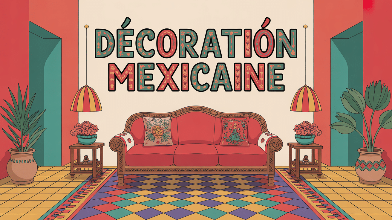 Salon deco mexicaine canapé coussins brodés et poteries