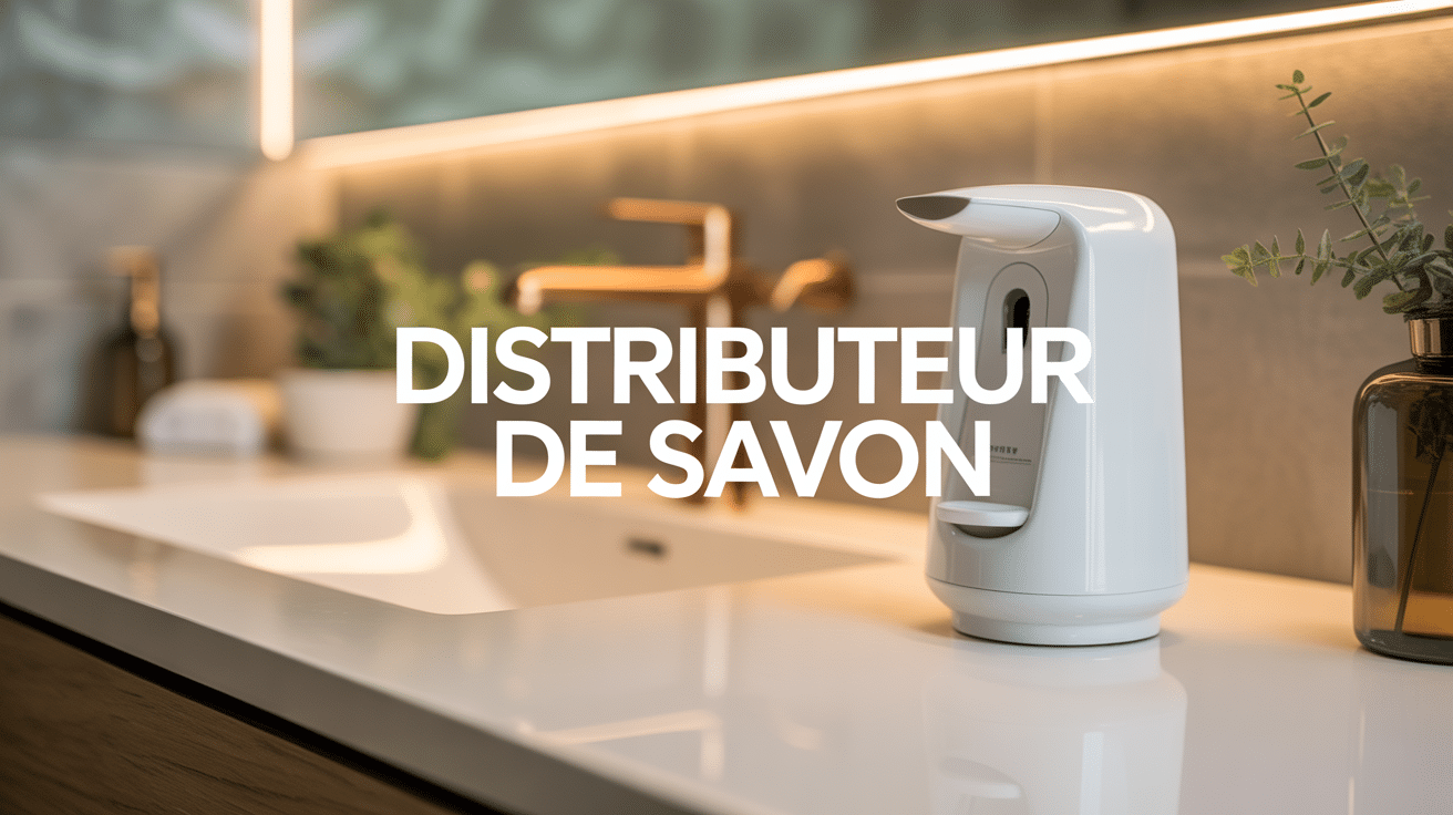Distributeur de savon automatique blanc sur comptoir salle de bain