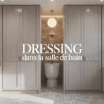 Dressing dans salle de bain moderne avec placards blancs