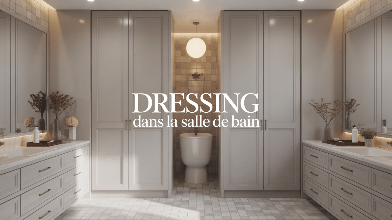 Dressing dans salle de bain moderne avec placards blancs
