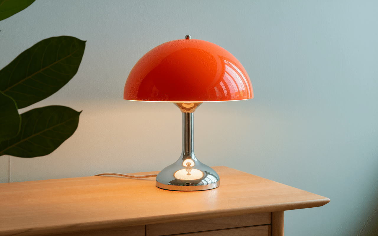 Lampe année 70 champignon orange sur table scandinave