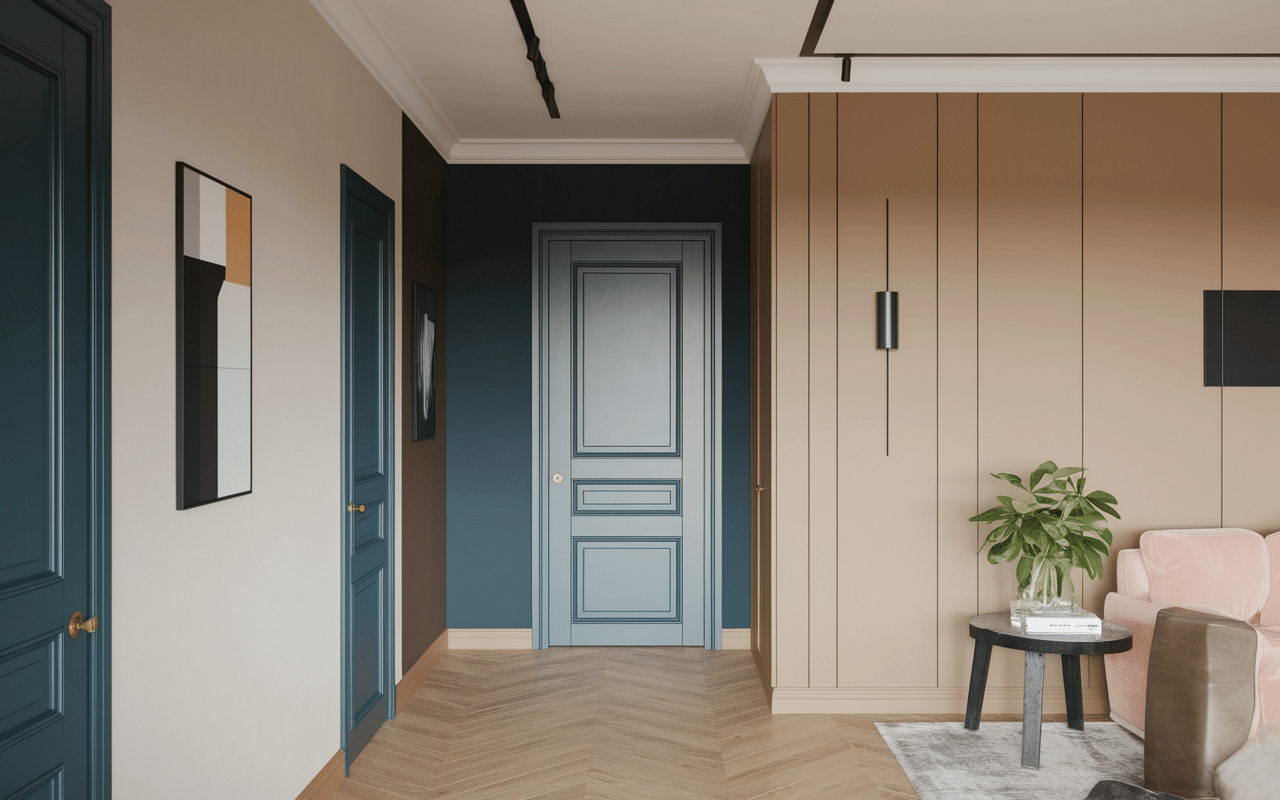 moderne peinture couloir et portes harmonies beige gris bleu