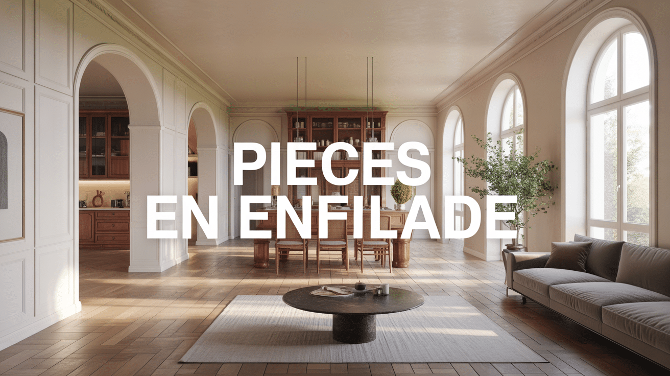 Vue pièces en enfilade avec salon et cuisine lumineux