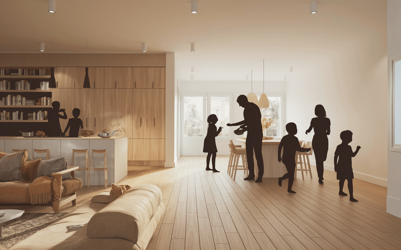Famille dans pièces en enfilade avec circulation fluide