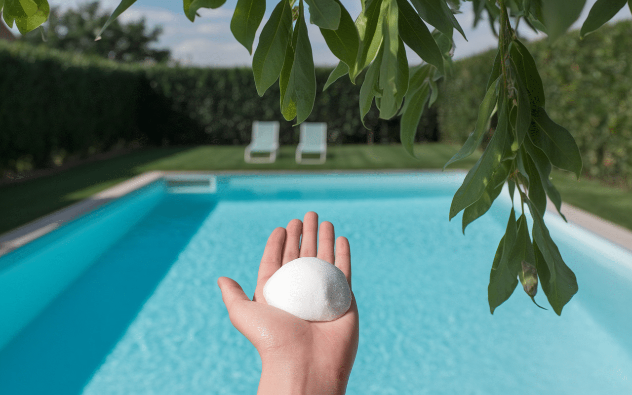 Main et boîte de bicarbonate de soude près d'une piscine