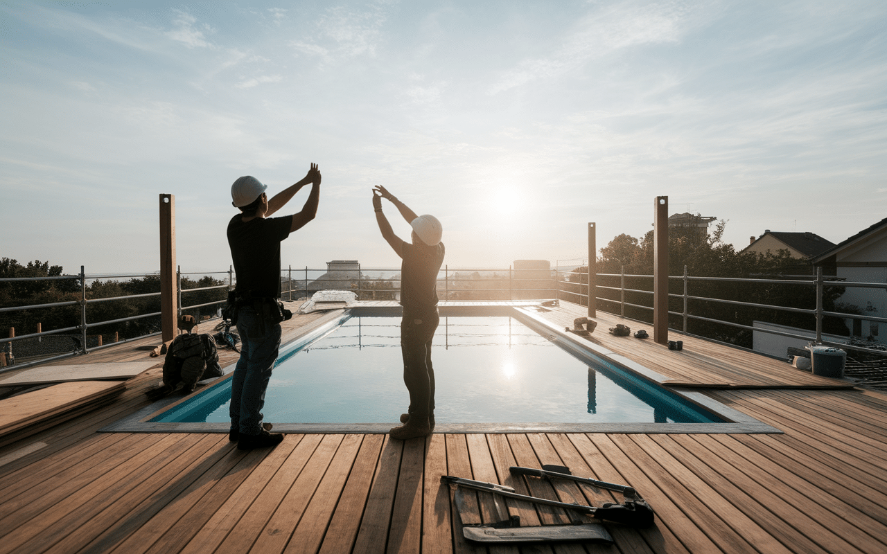 Ouvriers posent piscine sur terrasse bois en montage sécurisé