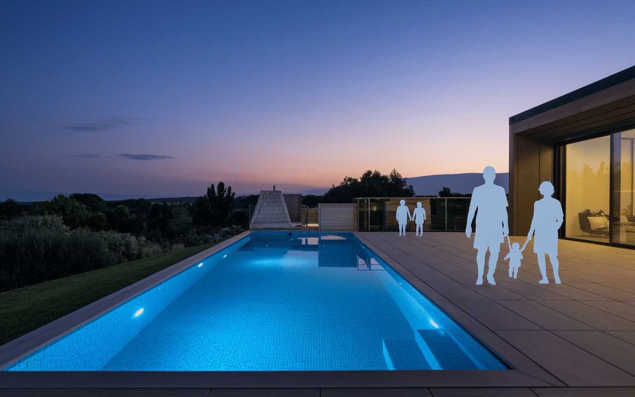Sécurité piscine sur une terrasse avec barrières et sol antidérapant