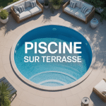 Vue aérienne piscine sur une terrasse avec mobilier de jardin