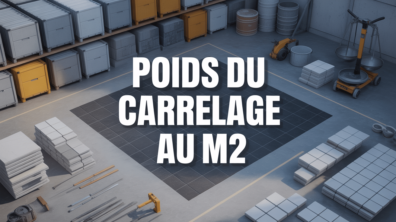 Vue chantier avec balance montrant poid carrelage au m2