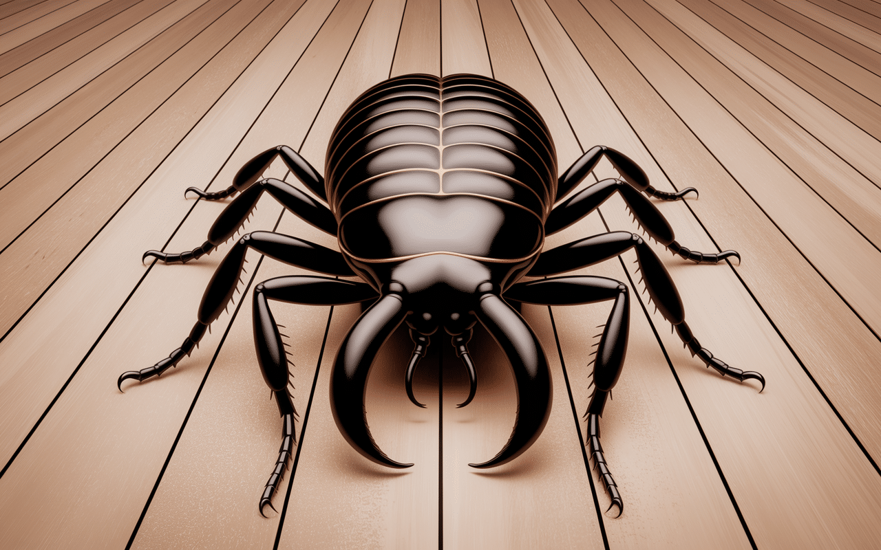 Scarabee noir dans la maison sur parquet avec loupe