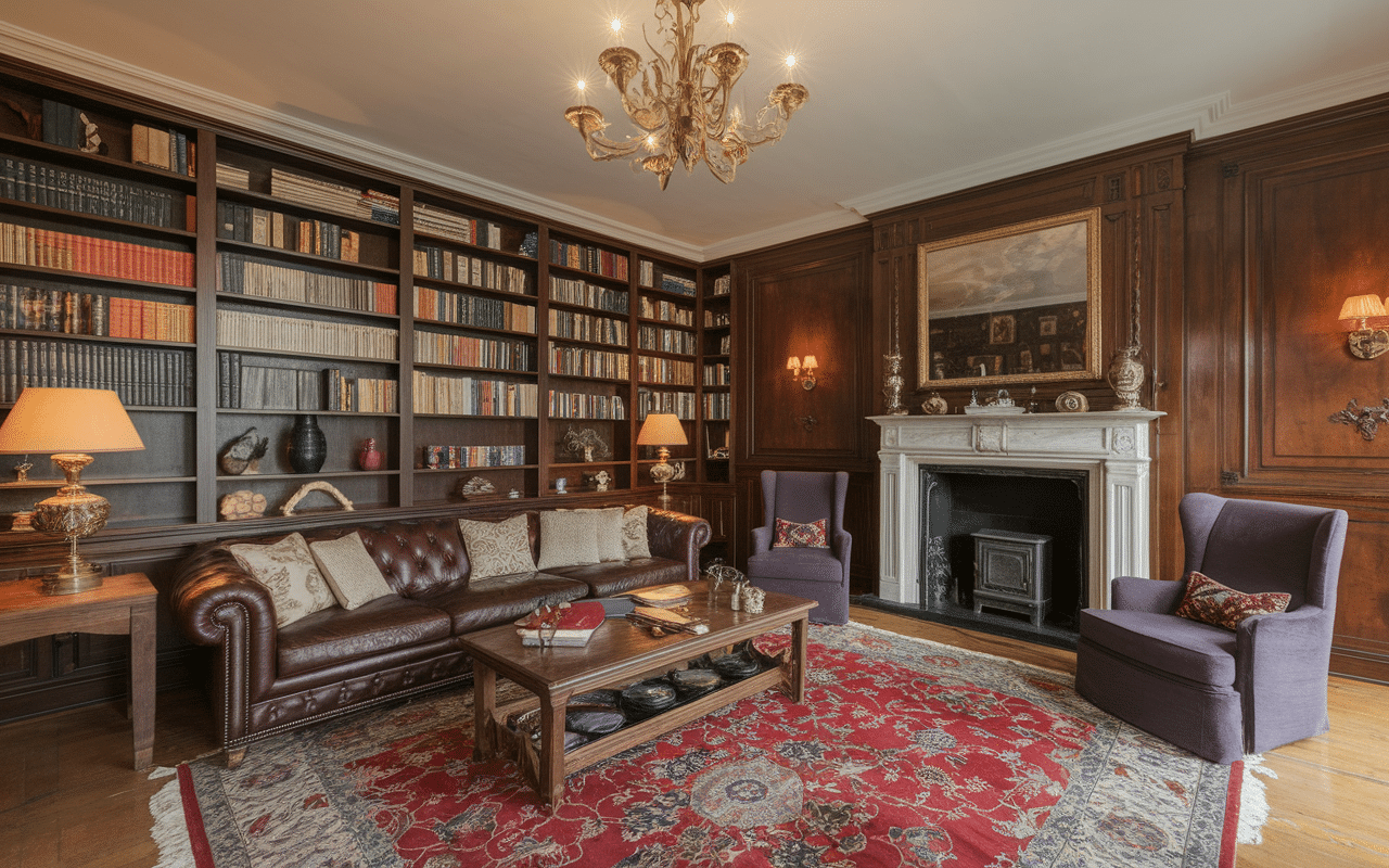 Salon maison anglaise typique cosy avec cheminée et bibliothèque