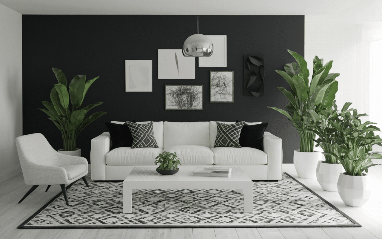 Salon noir et blanc avec canape blanc et mur d'accent noir