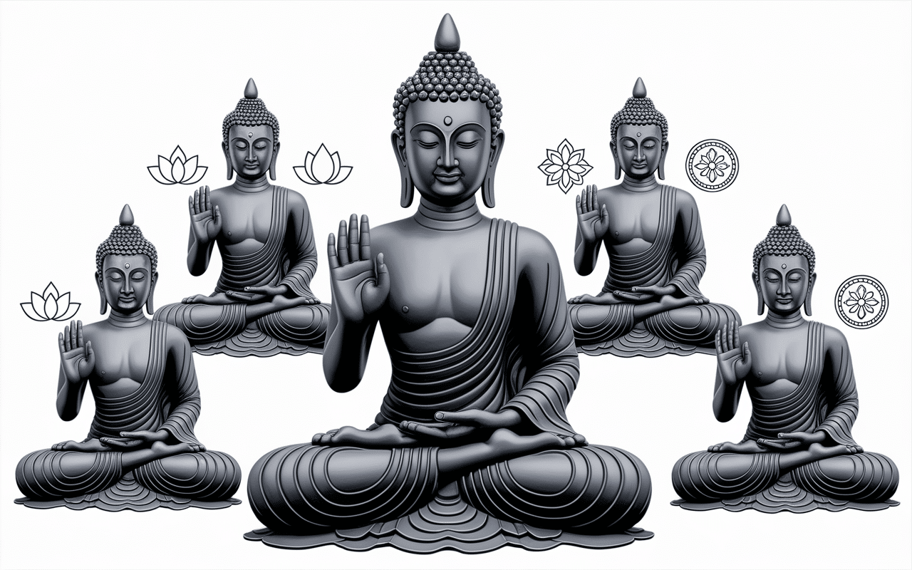 Statue bouddha assis debout allongé avec mudras