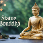 Statue bouddha dorée entourée de bougies et plantes
