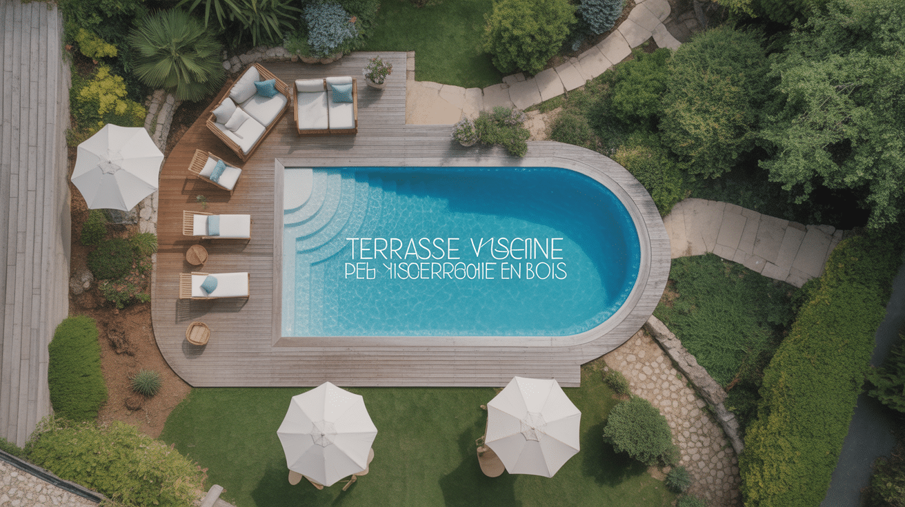 Vue aérienne terrasse avec piscine en bois et jardin