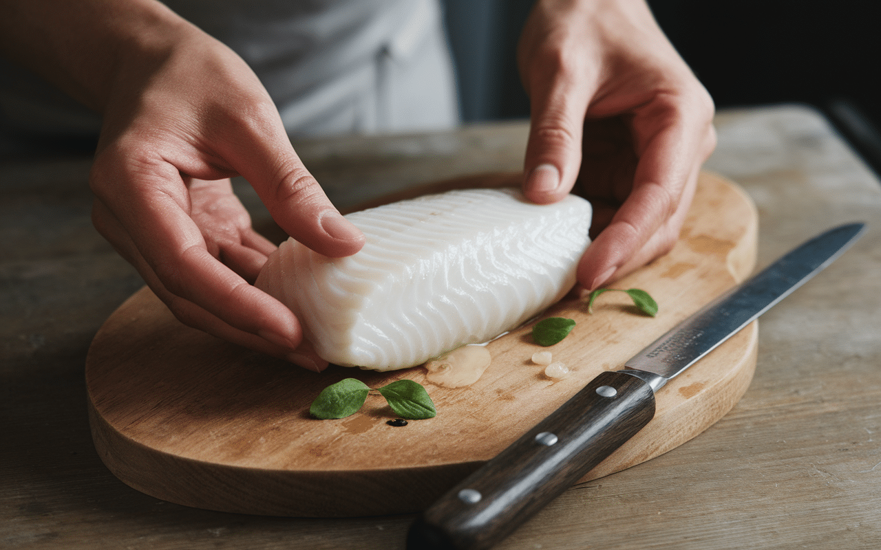 Découpe filet de lingue frais sur planche