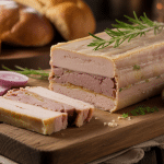 Terrine de paté de foie tranchée avec pain et cornichons
