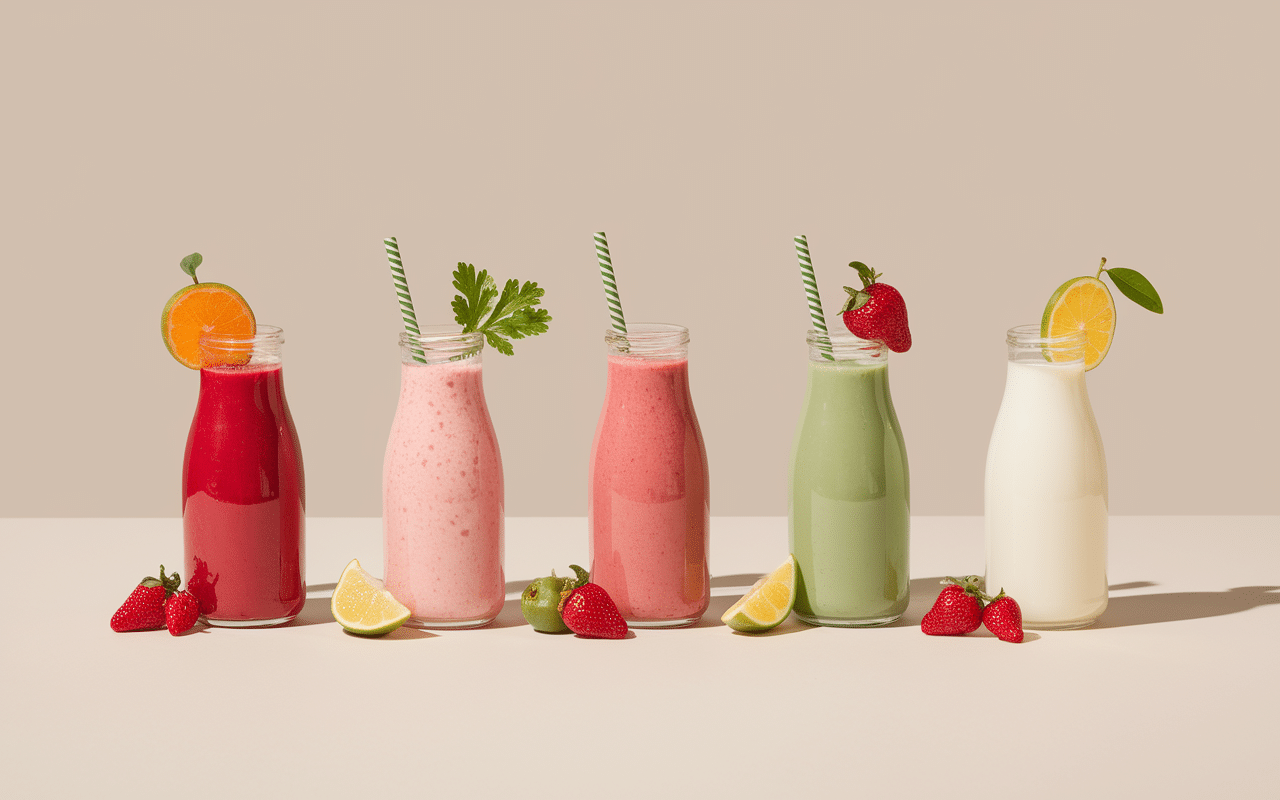Trois milkshakes fruit rouge et laits végétaux alignés