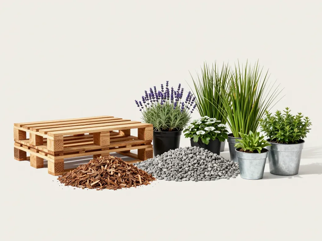 Aménagement devant maison pas cher avec palettes, paillage, graviers et vivaces